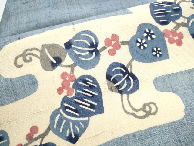 平和屋着物●九寸名古屋帯 生紬 型染め 葡萄蔦の葉文 正絹 逸品 CAAY9637hy