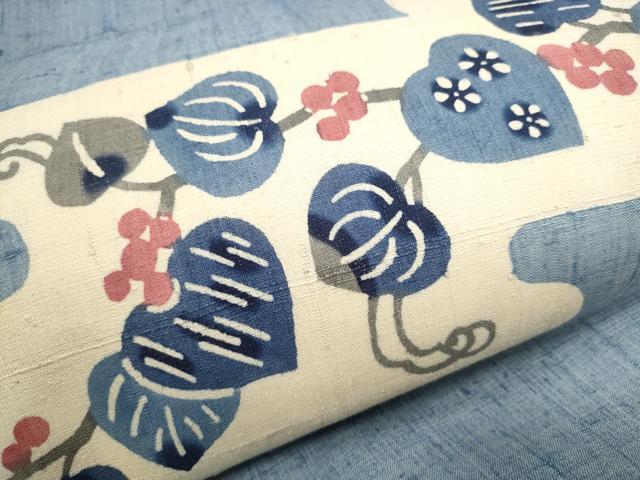 平和屋着物●九寸名古屋帯 生紬 型染め 葡萄蔦の葉文 正絹 逸品 CAAY9637hy