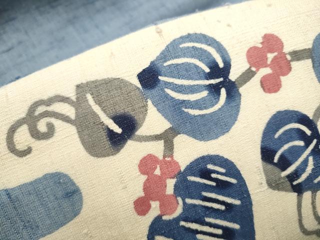 平和屋着物●九寸名古屋帯 生紬 型染め 葡萄蔦の葉文 正絹 逸品 CAAY9637hy