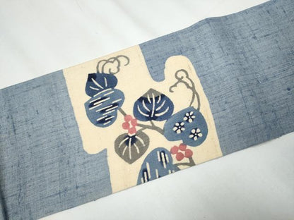 平和屋着物●九寸名古屋帯 生紬 型染め 葡萄蔦の葉文 正絹 逸品 CAAY9637hy