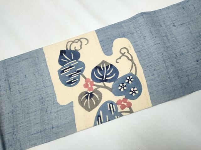 平和屋着物●九寸名古屋帯 生紬 型染め 葡萄蔦の葉文 正絹 逸品 CAAY9637hy
