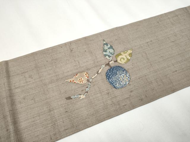 平和屋着物●九寸名古屋帯　紬地　型染め　枝葉文　正絹　逸品　CAAY9643hy