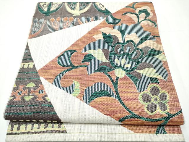 平和屋着物●六通柄 本袋帯 紬地 切嵌更紗花唐草文 正絹 逸品 CAAY9656hy