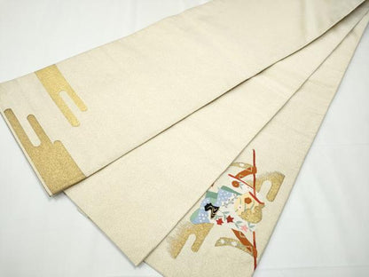 平和屋着物●太鼓柄袋帯 綴れ 誰が袖花文 金糸 正絹 逸品 CAAY9657hy