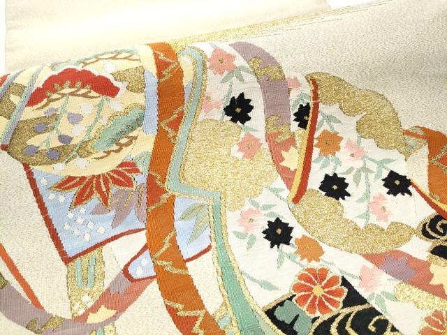 平和屋着物●太鼓柄袋帯 綴れ 誰が袖花文 金糸 正絹 逸品 CAAY9657hy