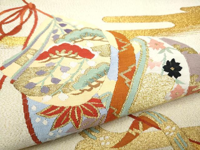 平和屋着物●太鼓柄袋帯 綴れ 誰が袖花文 金糸 正絹 逸品 CAAY9657hy
