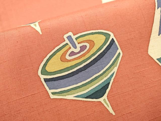 平和屋着物●六通柄袋帯 紬地 型染め いろは歌 独楽 正絹 逸品 CAAY9660hy