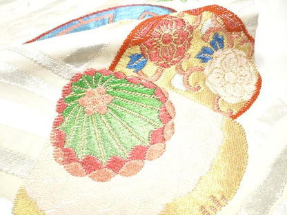 平和屋着物●西陣 環美術織物 六通柄 本袋帯 波に貝合文 金銀糸 正絹 逸品 CAAY9728hy