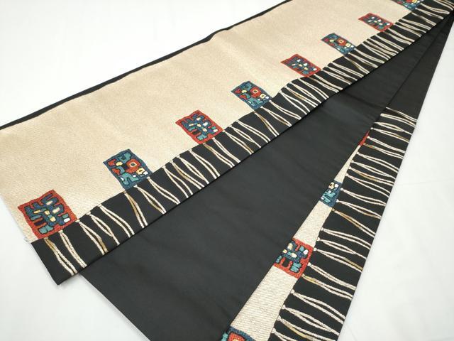 平和屋着物●六通柄袋帯　幾何学文様　黒地　金銀糸　正絹　逸品　CAAY9742hy