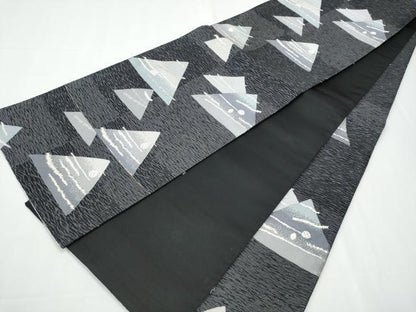平和屋着物●六通柄袋帯　幾何学文　黒地　銀糸　正絹　逸品　CAAY9771hy