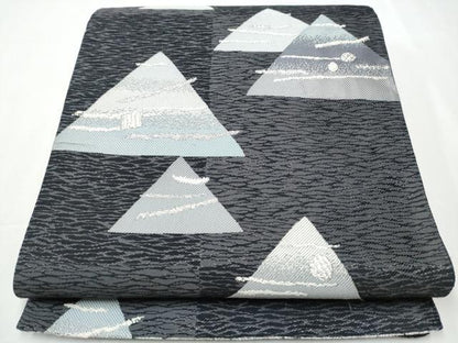 平和屋着物●六通柄袋帯　幾何学文　黒地　銀糸　正絹　逸品　CAAY9771hy