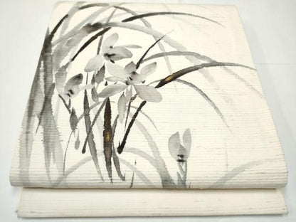 平和屋着物●九寸開き名古屋帯　作家物　手描き　紬地　草花文　金彩　正絹　逸品　CAAY9794hy