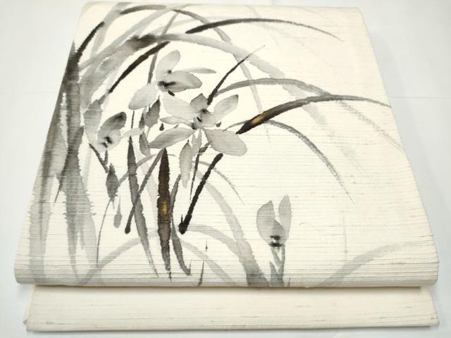 平和屋着物●九寸開き名古屋帯　作家物　手描き　紬地　草花文　金彩　正絹　逸品　CAAY9794hy