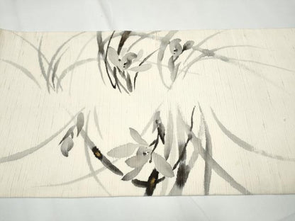 平和屋着物●九寸開き名古屋帯　作家物　手描き　紬地　草花文　金彩　正絹　逸品　CAAY9794hy