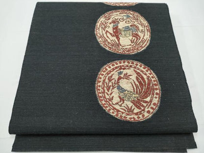 平和屋着物●八寸名古屋帯 紬地 動物丸文 黒地 正絹 逸品 CAAY9805hy