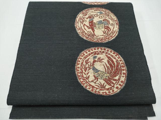 平和屋着物●八寸名古屋帯 紬地 動物丸文 黒地 正絹 逸品 CAAY9805hy