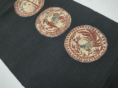 平和屋着物●八寸名古屋帯 紬地 動物丸文 黒地 正絹 逸品 CAAY9805hy