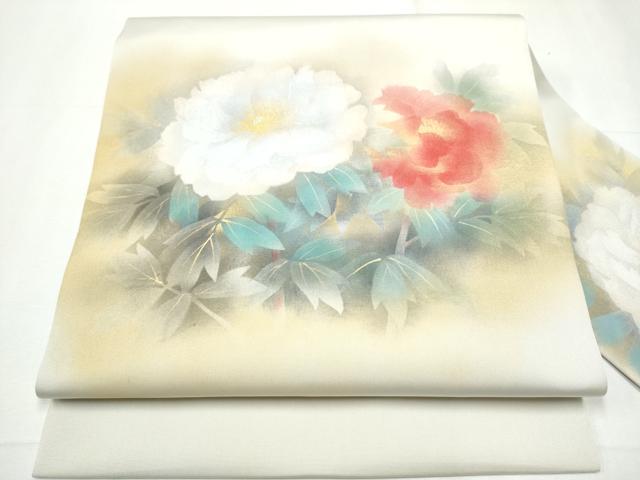 平和屋着物●塩瀬 九寸名古屋帯 牡丹 金彩 正絹 逸品 CAAY9821hy