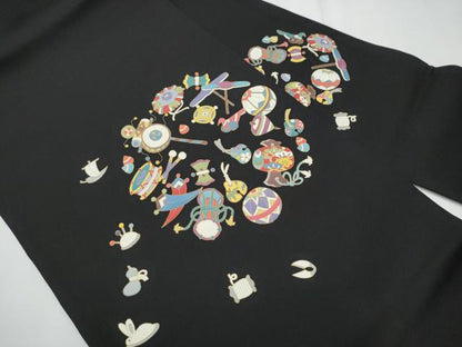 平和屋着物●塩瀬 九寸名古屋帯 玩具文 黒地 金彩 正絹 逸品 CAAY9841hy