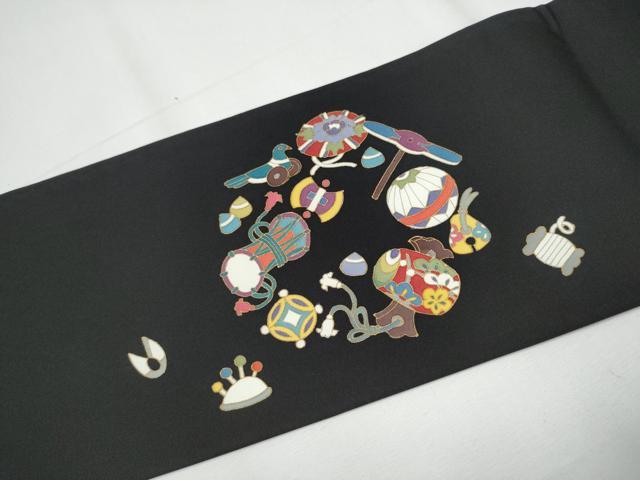 平和屋着物●塩瀬 九寸名古屋帯 玩具文 黒地 金彩 正絹 逸品 CAAY9841hy