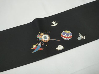 平和屋着物●塩瀬 九寸名古屋帯 玩具文 黒地 金彩 正絹 逸品 CAAY9841hy