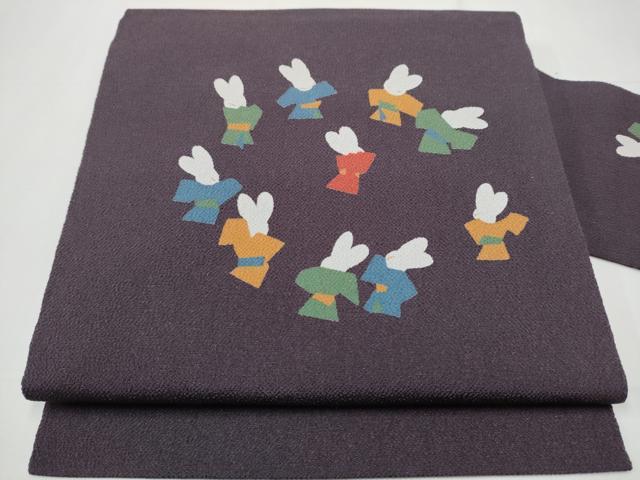 平和屋着物●九寸名古屋帯 型染め 兎 鬼しぼ縮緬 正絹 逸品 CAAY9845hy