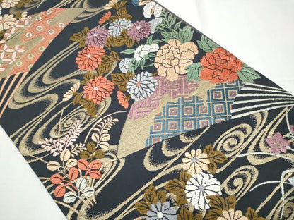 平和屋着物●六通柄袋帯 唐織 扇面流水草花文 金糸 正絹 逸品 CAAY9899hy