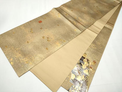 平和屋着物●漆工芸作家　金森一博　太鼓柄袋帯　屏風草花文　金彩　引箔　正絹　逸品　CAAY9904hy