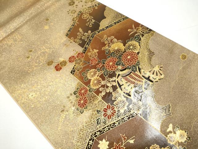 平和屋着物●漆工芸作家　金森一博　太鼓柄袋帯　屏風草花文　金彩　引箔　正絹　逸品　CAAY9904hy
