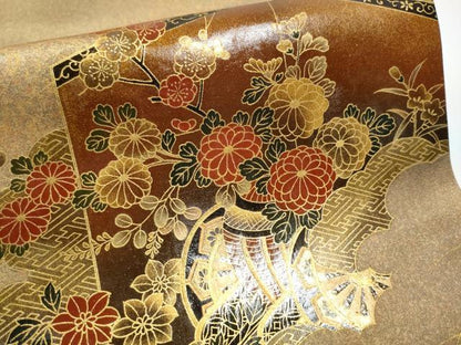 平和屋着物●漆工芸作家　金森一博　太鼓柄袋帯　屏風草花文　金彩　引箔　正絹　逸品　CAAY9904hy