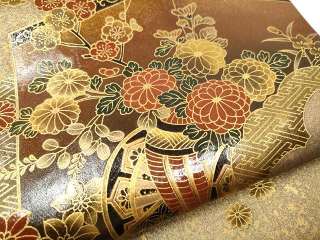平和屋着物●漆工芸作家　金森一博　太鼓柄袋帯　屏風草花文　金彩　引箔　正絹　逸品　CAAY9904hy