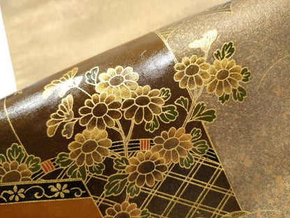 平和屋着物●漆工芸作家　金森一博　太鼓柄袋帯　屏風草花文　金彩　引箔　正絹　逸品　CAAY9904hy