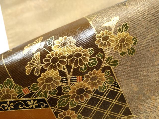 平和屋着物●漆工芸作家　金森一博　太鼓柄袋帯　屏風草花文　金彩　引箔　正絹　逸品　CAAY9904hy