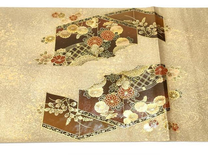 平和屋着物●漆工芸作家　金森一博　太鼓柄袋帯　屏風草花文　金彩　引箔　正絹　逸品　CAAY9904hy