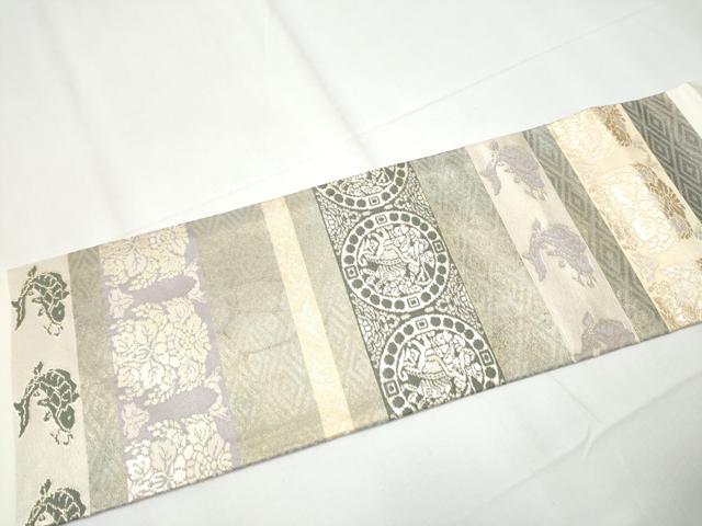 平和屋着物●九寸名古屋帯 名物裂 横段狩猟文 金糸 正絹 逸品 CAAY9926hy