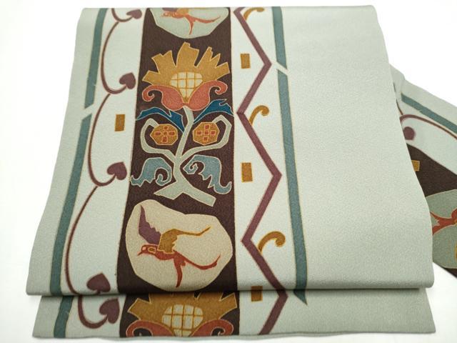 平和屋着物●全通柄 九寸名古屋帯 型染め 花鳥文 正絹 逸品 CAAY9966hy