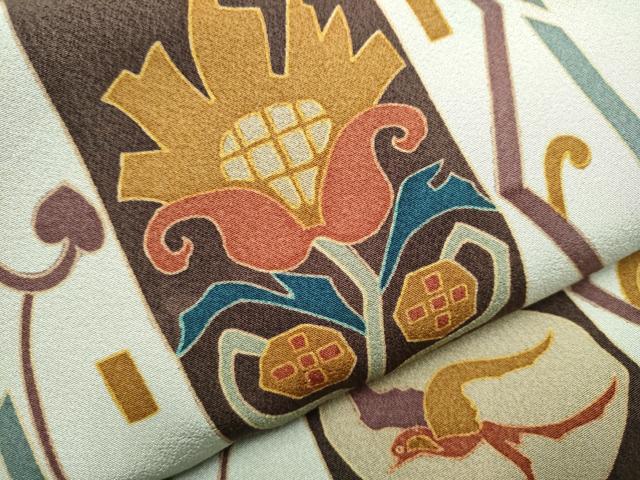 平和屋着物●全通柄 九寸名古屋帯 型染め 花鳥文 正絹 逸品 CAAY9966hy