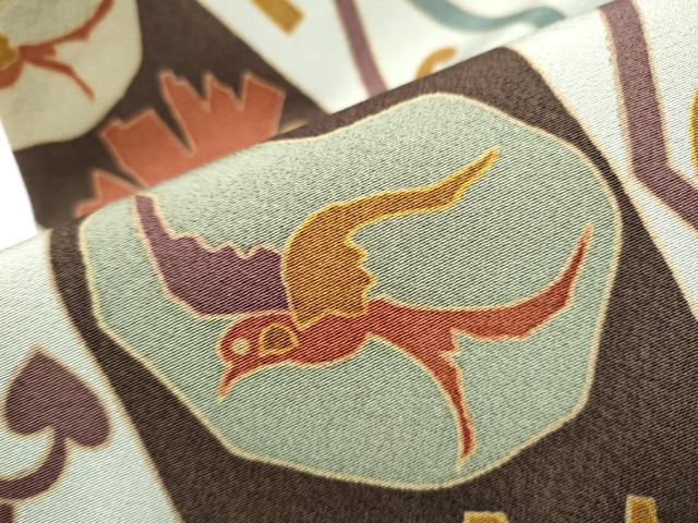 平和屋着物●全通柄 九寸名古屋帯 型染め 花鳥文 正絹 逸品 CAAY9966hy