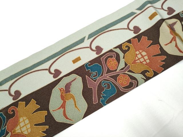 平和屋着物●全通柄 九寸名古屋帯 型染め 花鳥文 正絹 逸品 CAAY9966hy