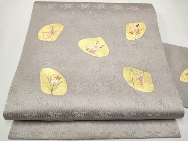 平和屋着物●九寸名古屋帯 刺繍 貝合わせ枝花文 金彩 正絹 逸品 CAAY9989hy