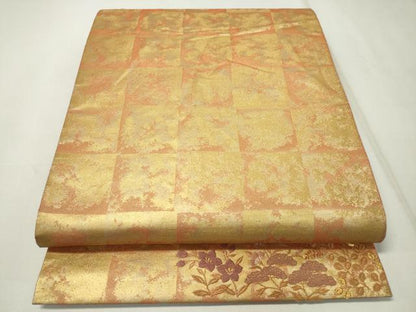 平和屋着物◎全通柄袋帯　格子柄　ワンポイント　金糸　正絹　逸品　CAAZ0067dy