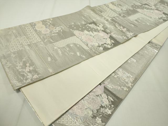 平和屋着物◎六通柄袋帯　唐織　孔雀花文　プラチナ箔　正絹　逸品　CAAZ0081dy