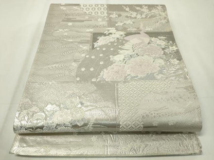 平和屋着物◎六通柄袋帯　唐織　孔雀花文　プラチナ箔　正絹　逸品　CAAZ0081dy