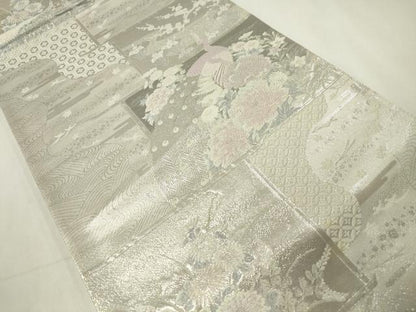 平和屋着物◎六通柄袋帯　唐織　孔雀花文　プラチナ箔　正絹　逸品　CAAZ0081dy