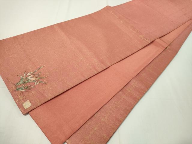 平和屋着物◎全通柄袋帯　作家文　格子霞文　ワンポイント　金糸　正絹　逸品　CAAZ0082dy