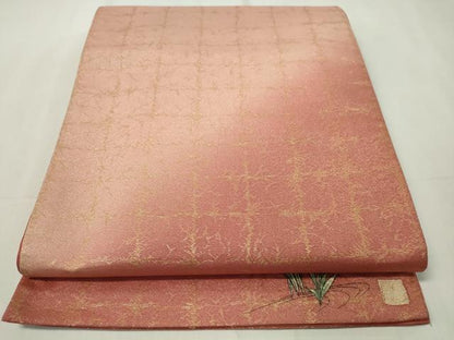 平和屋着物◎全通柄袋帯　作家文　格子霞文　ワンポイント　金糸　正絹　逸品　CAAZ0082dy