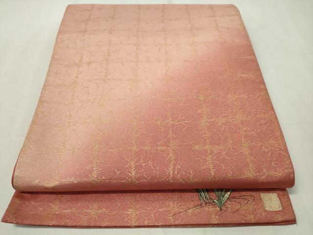 平和屋着物◎全通柄袋帯　作家文　格子霞文　ワンポイント　金糸　正絹　逸品　CAAZ0082dy