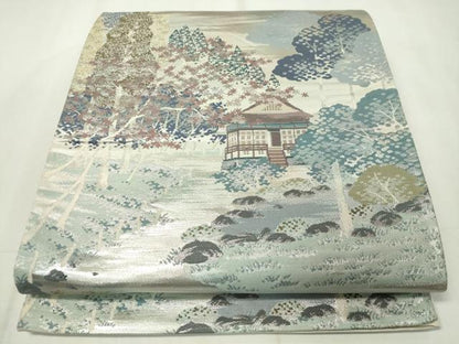 平和屋着物◎六通柄袋帯　風景文　銀糸　正絹　逸品　CAAZ0090dy