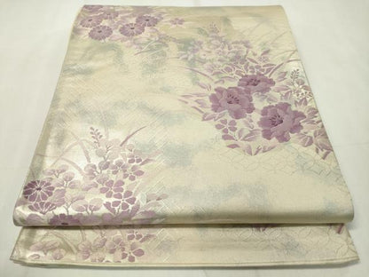 平和屋着物◎六通柄袋帯 流水草花文 銀糸 正絹 逸品 CAAZ0092dy