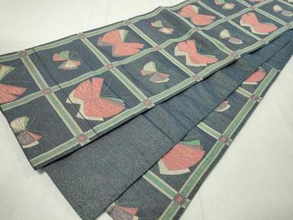 平和屋着物◎六通柄袋帯 格子舞蝶文 金糸 正絹 逸品 CAAZ0104dy